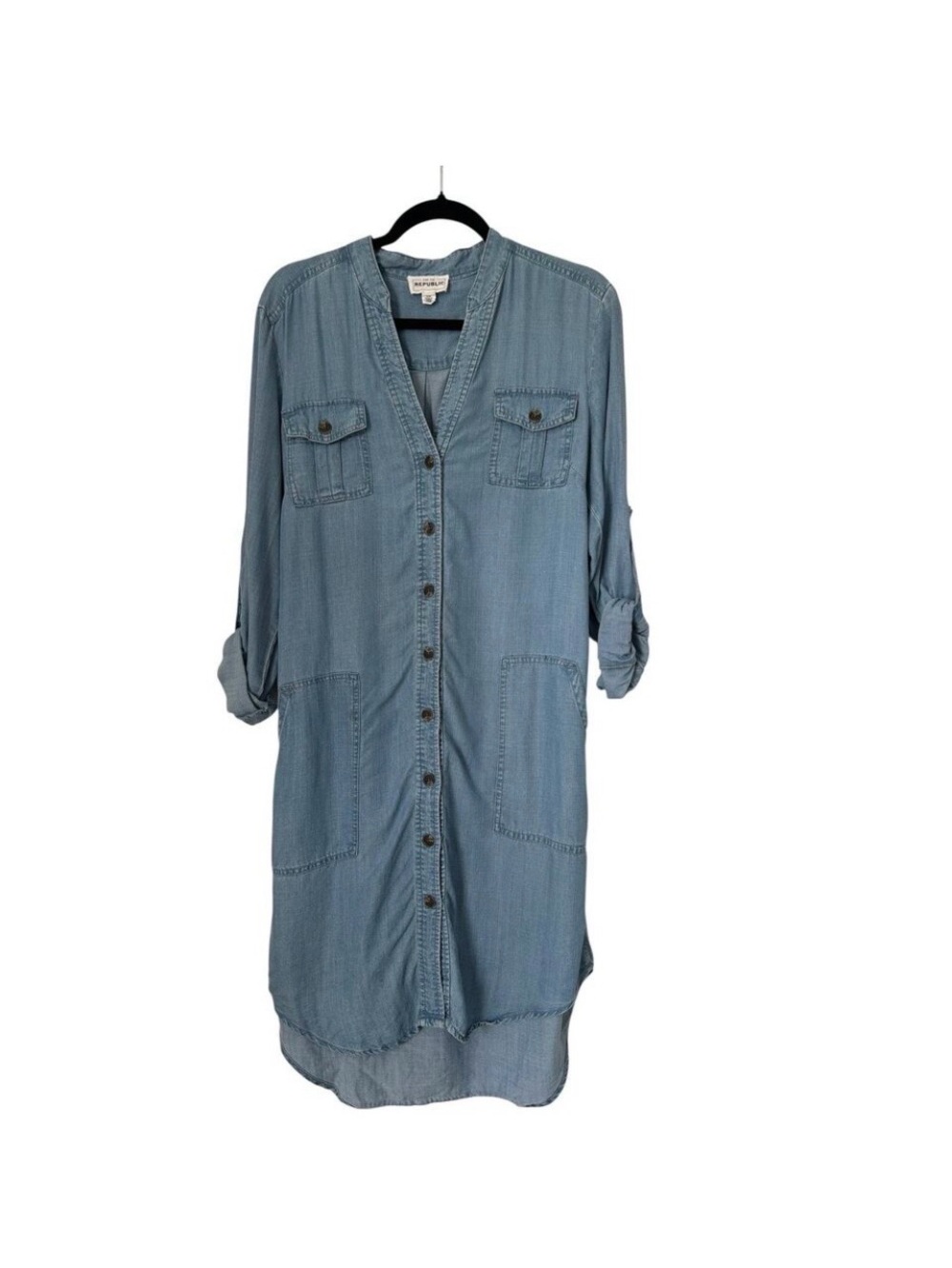 For The Republic Shirt Dress Womens Size L Chambray Tencel Button Front Midi